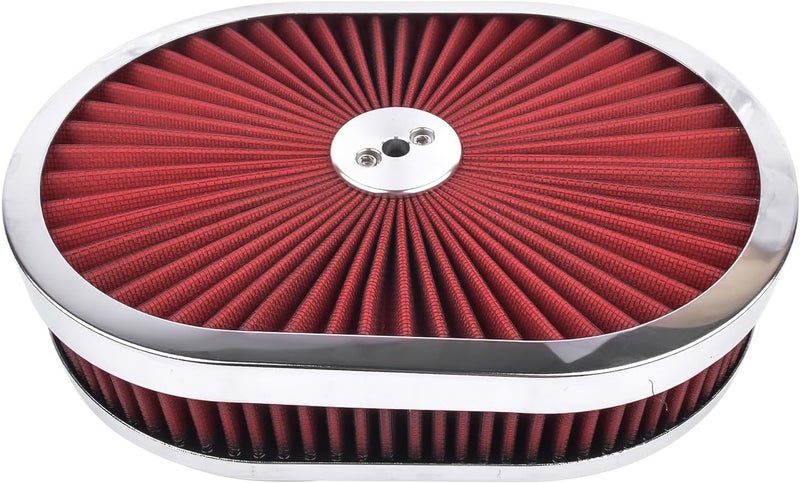 TEKKOAUTO 12" x 2'' Oval Super Flow Thru Air Cleaner with Washable Red Element Chrome Trim for 5-1/8" Carb Neck - Image 1